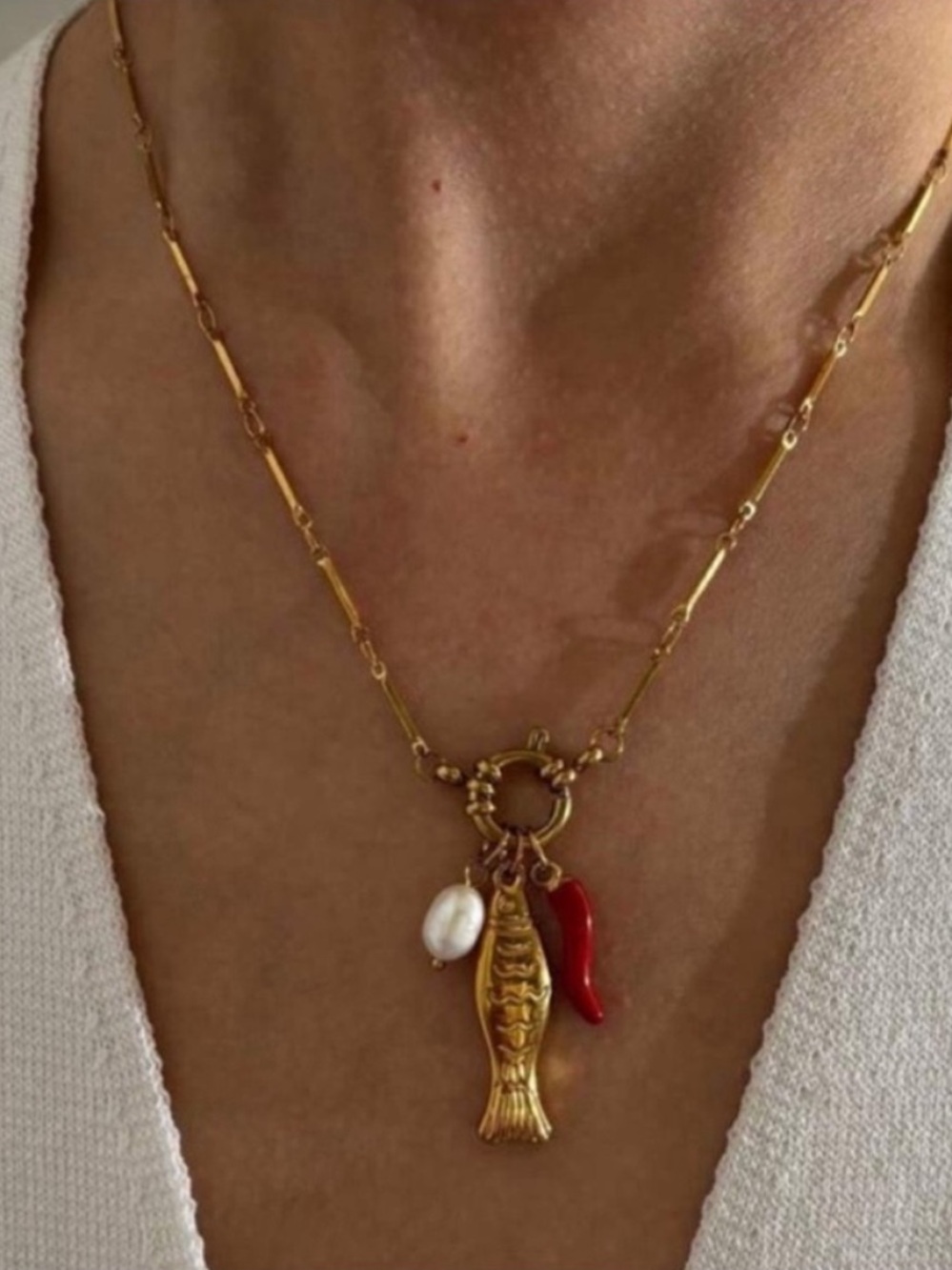 New! Gold Fish Charm Necklace Pearl & Red Chili Pendant Coastal Boho (1055) NWOT